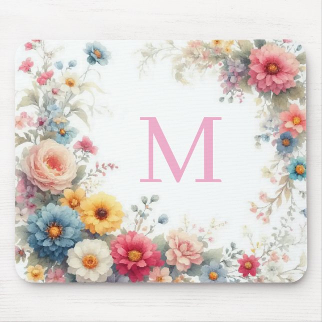 Mousepad Personalized Watercolor Flowers Template Monogram (Frente)