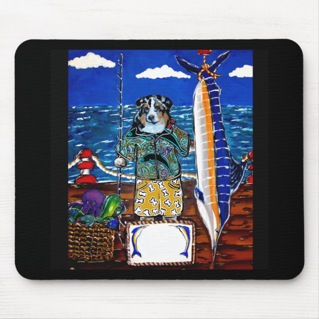 Mousepad Pesca de Marlin com Australian Shepherd (Frente)