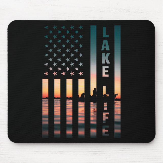 Mousepad Pescador da Vida no Lago Pôr do Sol Bandeira Ameri (Frente)