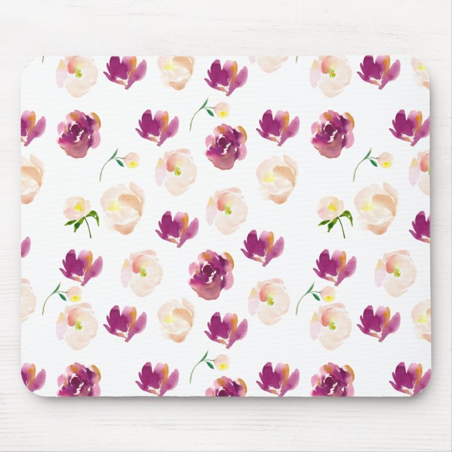 Mousepad Pêssego Rosa Borgonha Aquarela Floral (Frente)