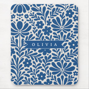 Mousepad Pessoalizado Floral Folclórico Azul Nórdico Person