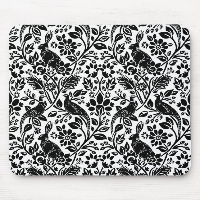 Mousepad Pheasant and Hare Patterno, Branco e Preto (Frente)
