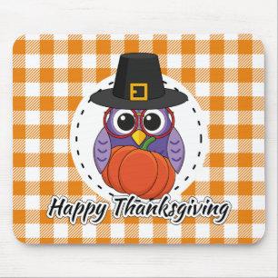 Mousepad Pilgrim Owl em Orange Xadrez - Feliz Ação de Gra