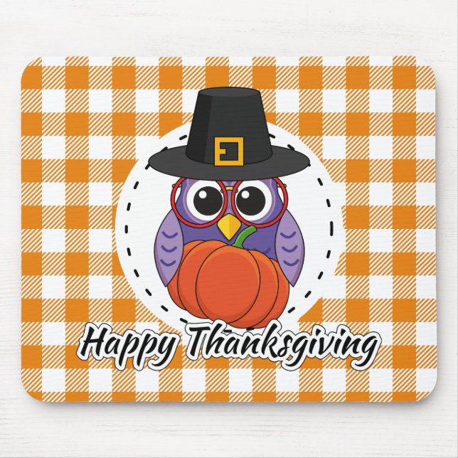 Mousepad Pilgrim Owl em Orange Xadrez - Feliz Ação de Graça (Frente)