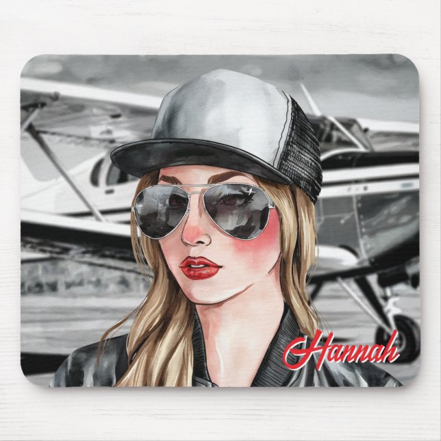 Mousepad Piloto feminino e óculos de sol Cessna Avião Natal (Frente)