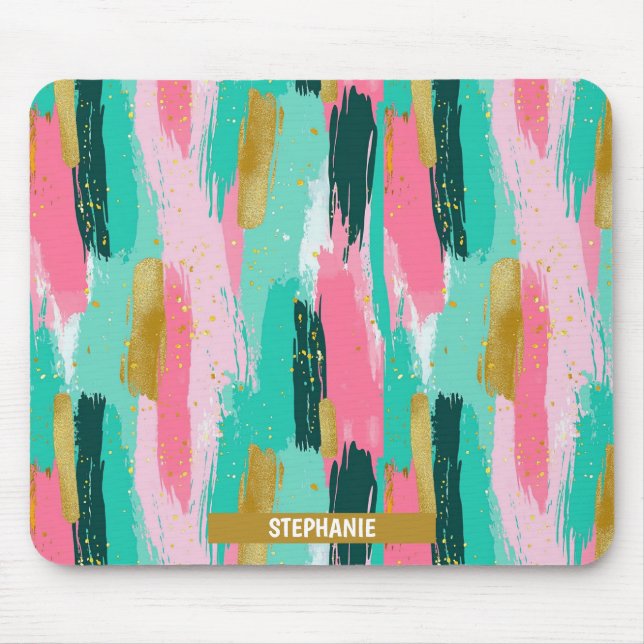 Mousepad Pincéis Abstrato coloridos - Mint & Pink (4) (Frente)