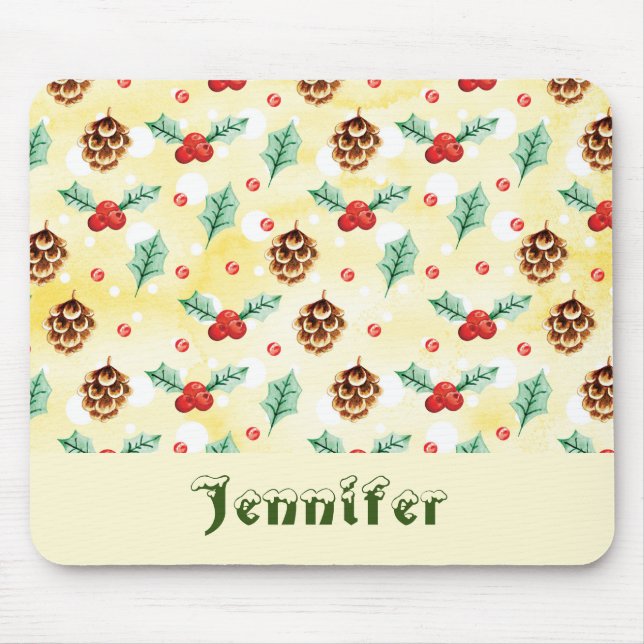 Mousepad Pine Cones e Holly Natal Patterno (Frente)