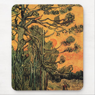 Mousepad Pine Trees Red Sky Setting Sun por Vincent van Gog