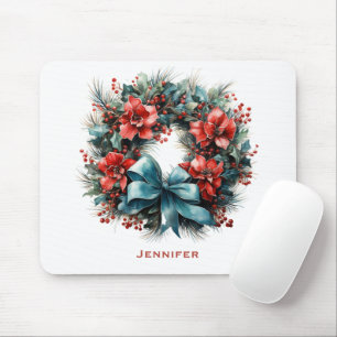 Mousepad Pine Wreath com Holly Festivo Natal