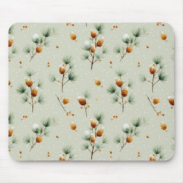 Mousepad Pinecones de inverno e Ramificações de Neve (Frente)