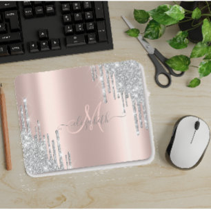 Mousepad Pingo de Brilho Prateado Moderno Monograma Dourado