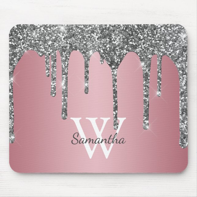 Mousepad Pingo de Brilho Prateado Rosa Dourado Nome Monogra (Frente)