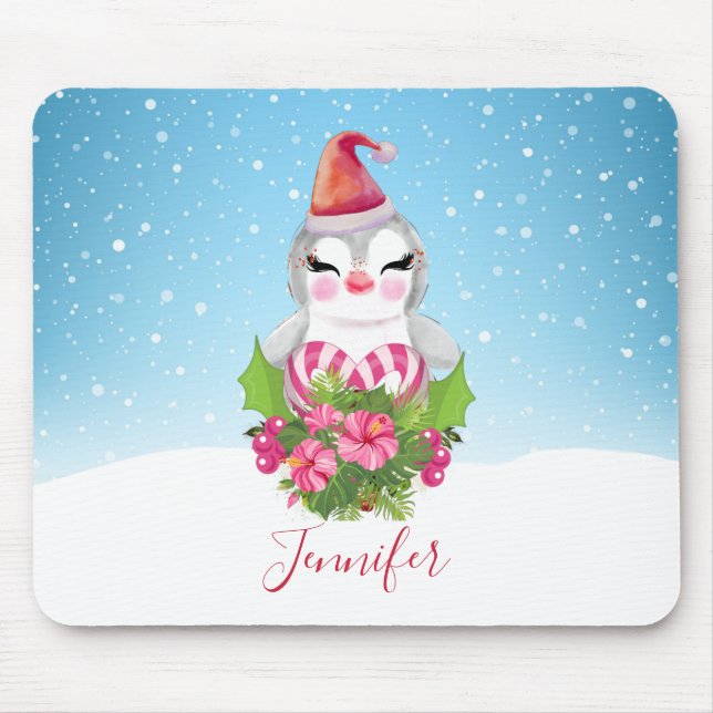 Mousepad Pinguim de Natal bonito no Pad do Mouse Santa Hat (Frente)