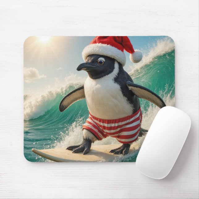Mousepad Pinguim de Natal Surfando em uma Onda do Oceano (Com mouse)