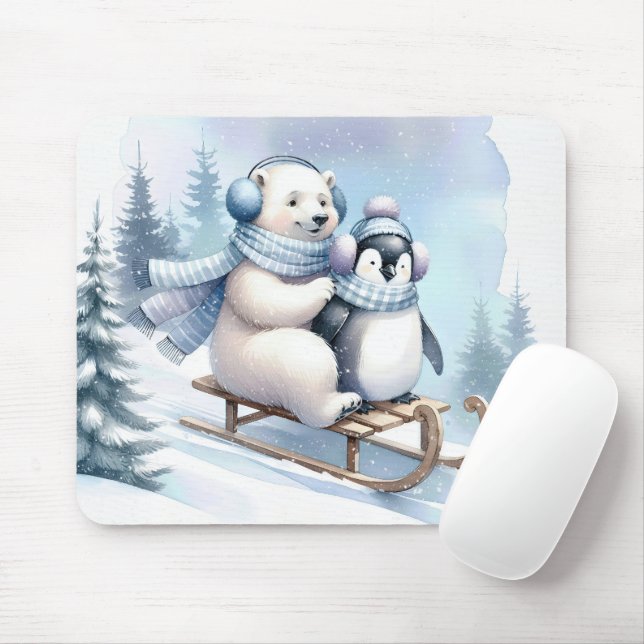 Mousepad Pinguim e Urso Polar em um Sled (Com mouse)