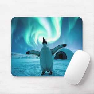 Mousepad Pinguim Feliz Dançando Sob Luzes do Norte