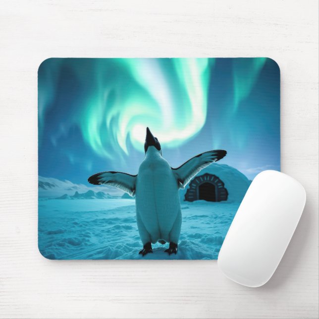 Mousepad Pinguim Feliz Dançando Sob Luzes do Norte (Com mouse)