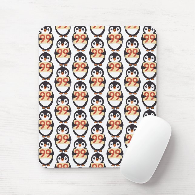 Mousepad Pinguim fofo segurando um cartaz com o número 99 (Com mouse)