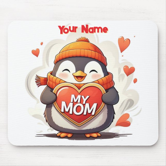 Mousepad Pinguim sorridente segurando o cardíaco MY MOM (Frente)