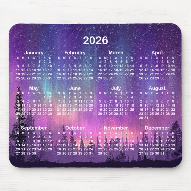 Mousepad Pink and Purple Northern Lights 2026 Calendar (Frente)