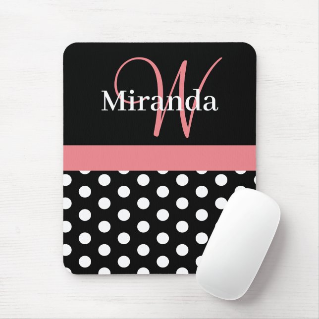 Mousepad Pink Black White Polka Dot Monogram (Com mouse)