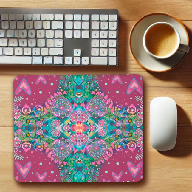 Mousepad Pink Boho Floral Padrão Cheerful Bonito (Criador carregado)