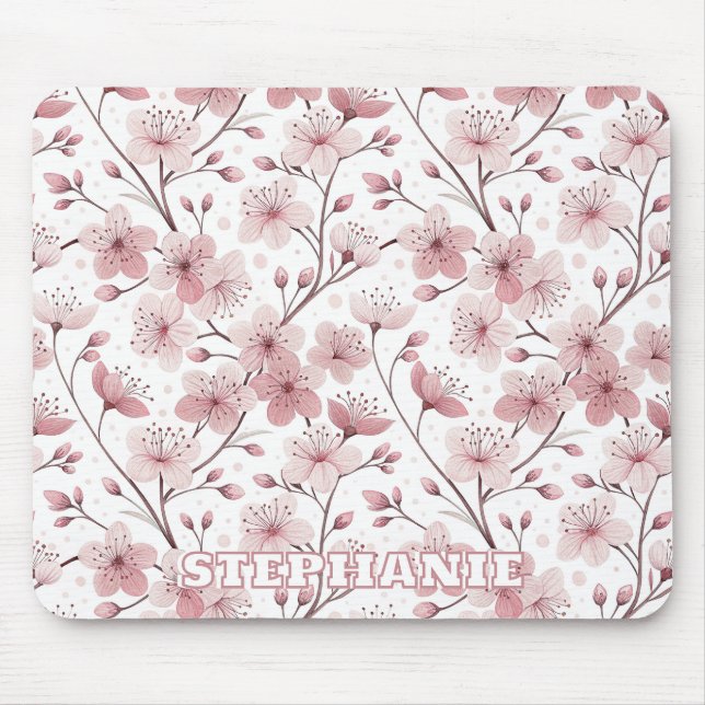 Mousepad Pink Cherry Blossom Sakura Pattern on White (2) (Frente)