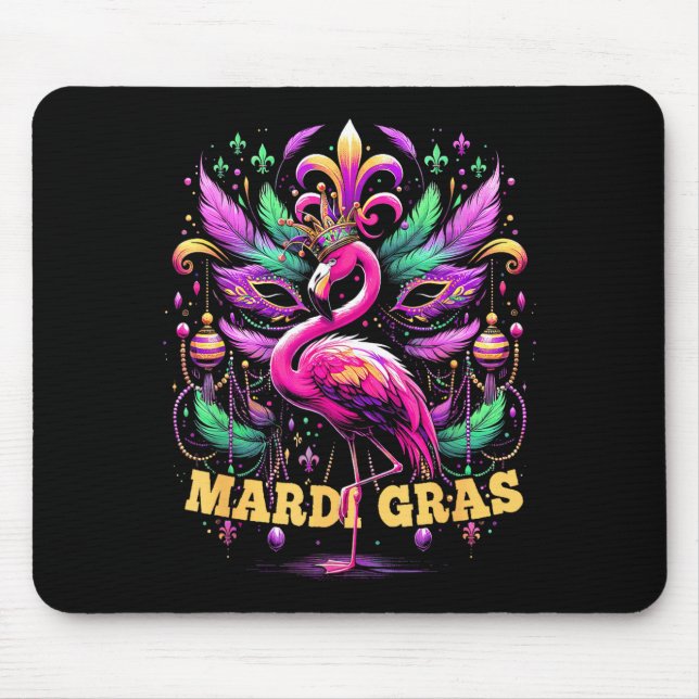 Mousepad Pink Flamingo Mardi Gras Crown And Beads Mask Carn (Frente)