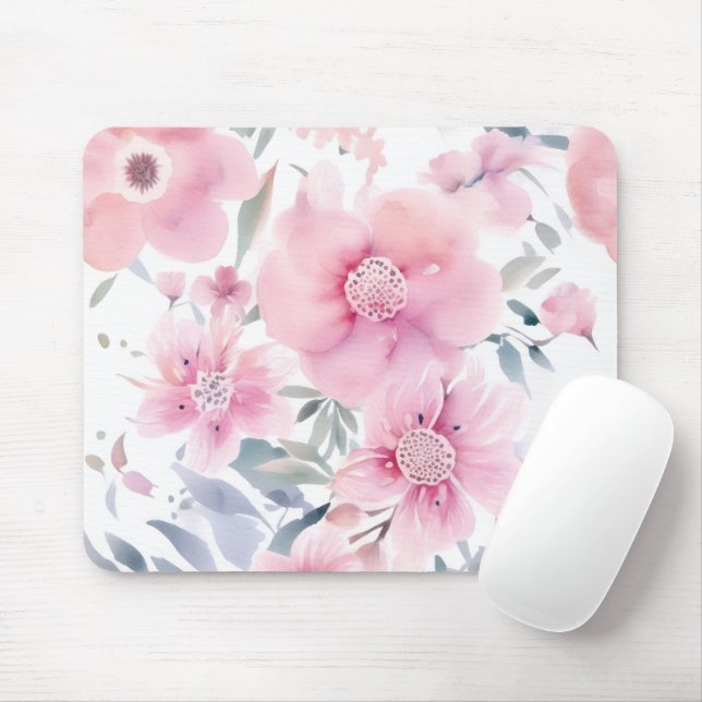 Mousepad Pink Floral Watercolor  (Com mouse)