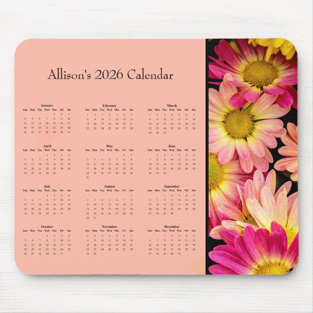 Mousepad Pink Flowers: Customize full year 2026 calendar (Frente)