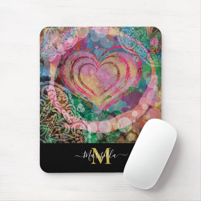 Mousepad Pink Heart Love Mandala Personalize Monogram Boho (Com mouse)