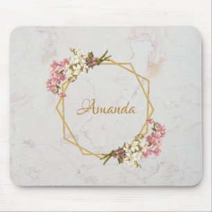 Mousepad Pink Orchids Elegant Floral Girly Name Marble Gold