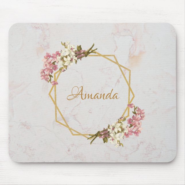 Mousepad Pink Orchids Elegant Floral Girly Name Marble Gold (Frente)