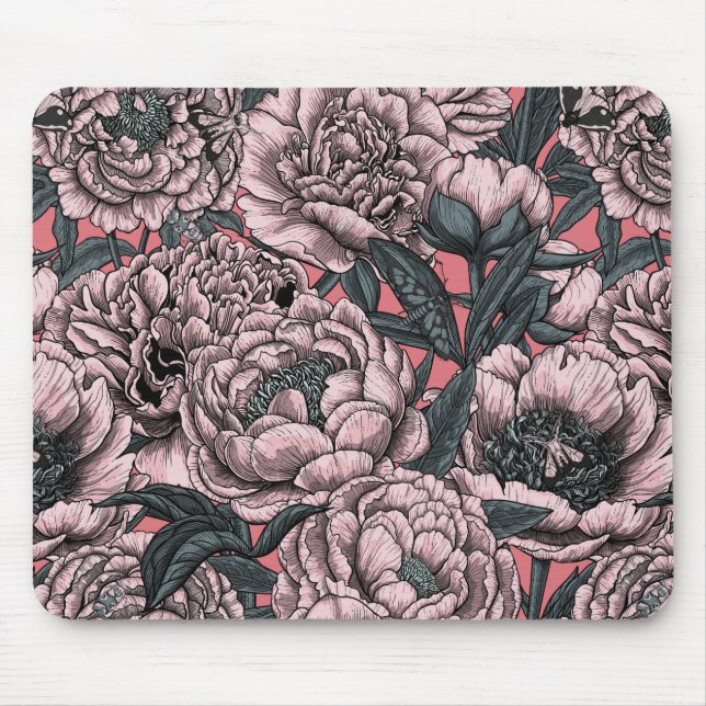 Mousepad Pink peony flowers and moths (Frente)