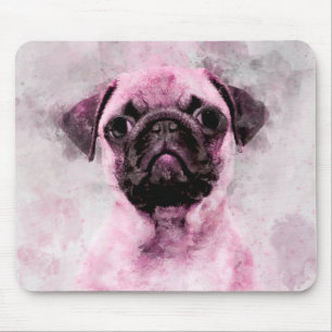 Mousepad Pink Pug Dog Watercolor Retrato 02