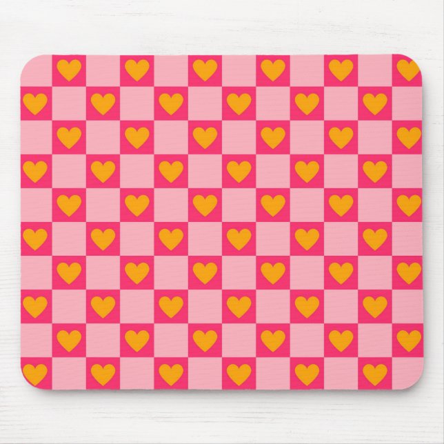 Mousepad Pink Red Yellow Heart Love Checkered Y2K Padrão (Frente)
