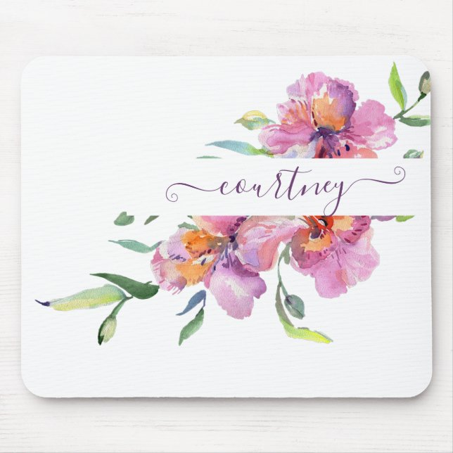 Mousepad Pink watercolor floral personalizado (Frente)