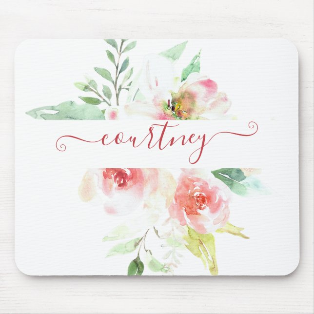 Mousepad Pink watercolor floral personalizado (Frente)
