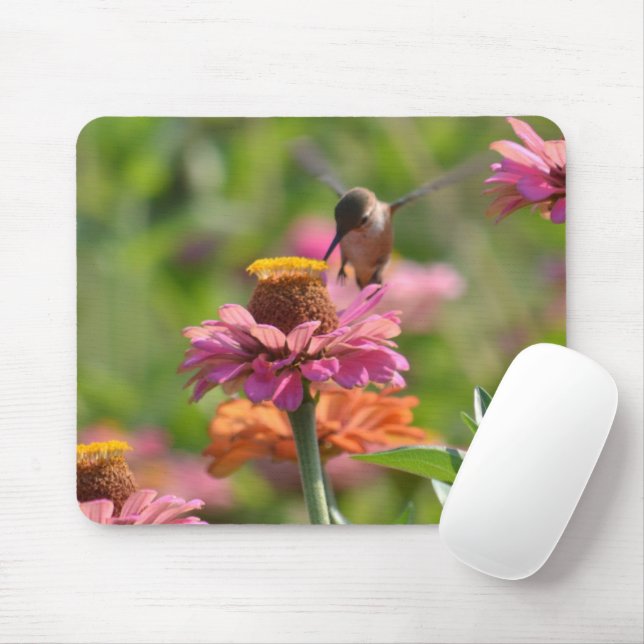 Mousepad Pink Zinnia Flowers Hummingbird Photography (Com mouse)