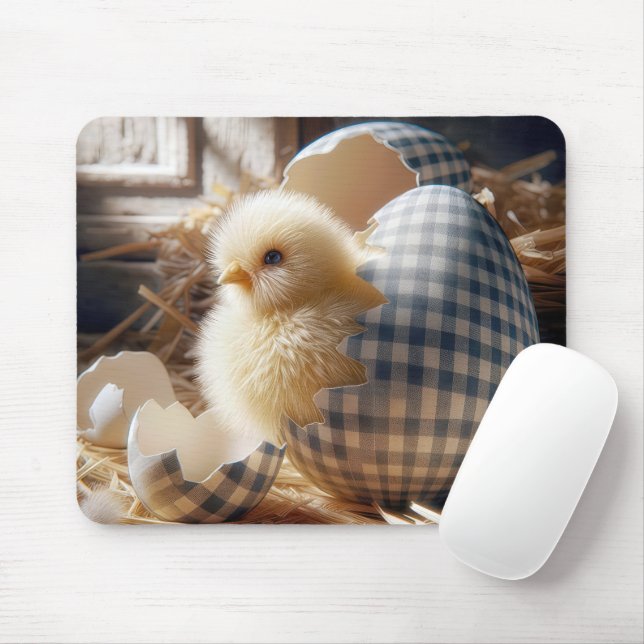 Mousepad Pintinho Amarelo Inchando de Ovo Gingham (Com mouse)