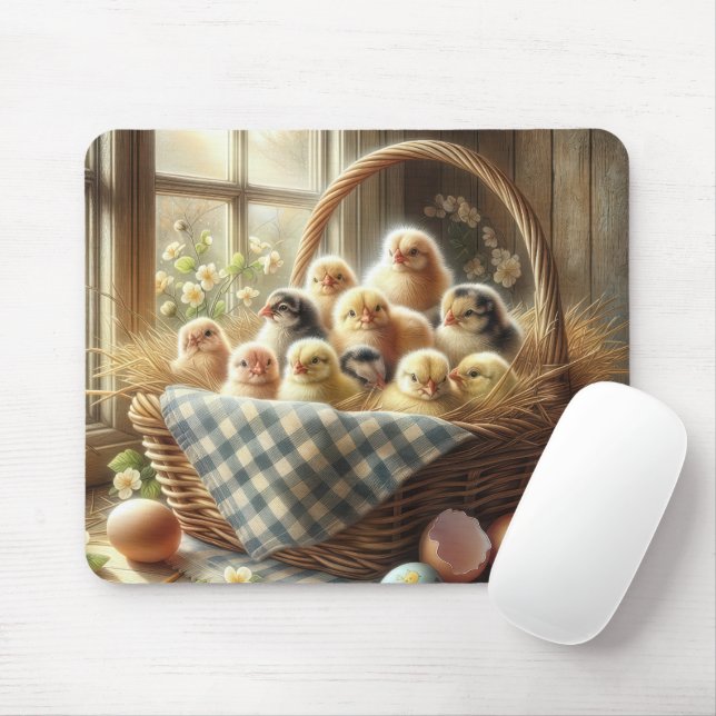 Mousepad Pintinhos de bebês em uma cesta mais velha (Com mouse)