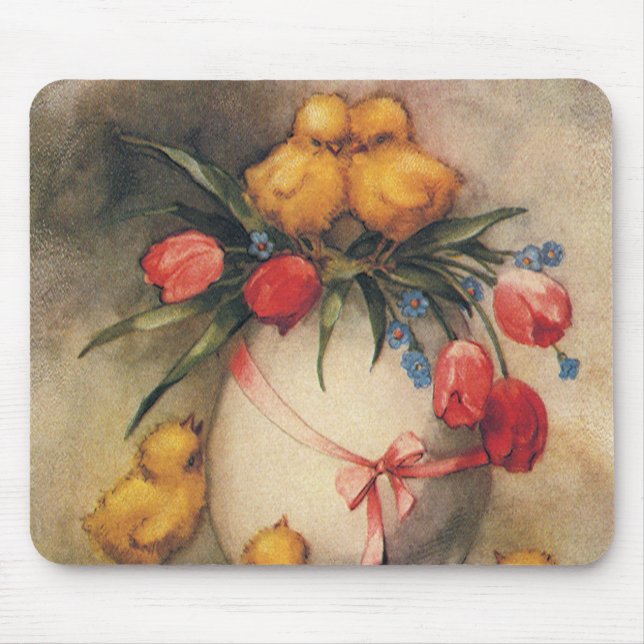 Mousepad Pintinhos de Páscoa com Flores de Tulipas Vermelha (Frente)