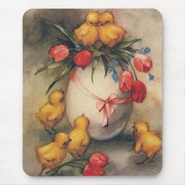 Mousepad Pintinhos de Páscoa, Ovos com Flores de Tulipas Ve (Frente)