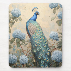 Mousepad Pintura a Óleo de Pavão Elegante com Hortênsias Az