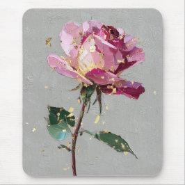 Mousepad Pintura a Óleo de Rosa Rosa com Folha de Ouro Mode