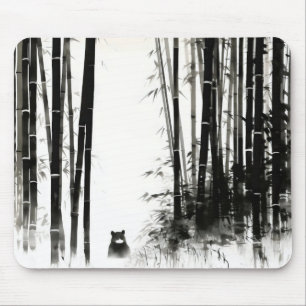 Mousepad Pintura a tinta da floresta em bambu preto