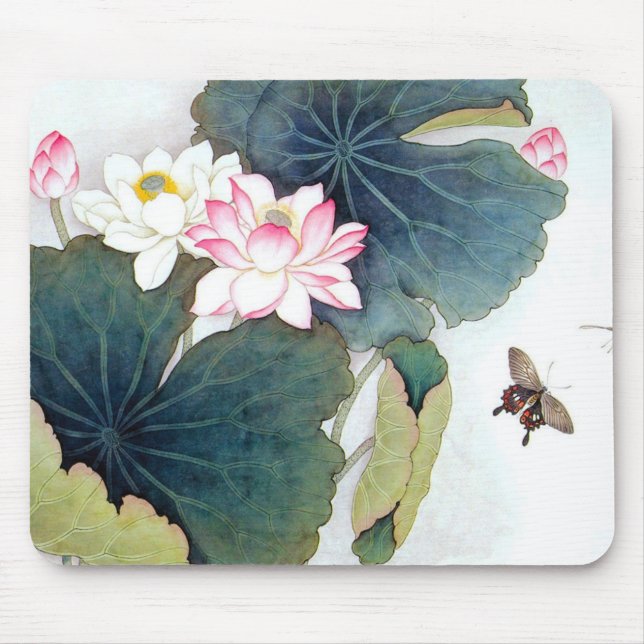 Mousepad pintura de borboleta rosa de folha de lótus chines (Frente)