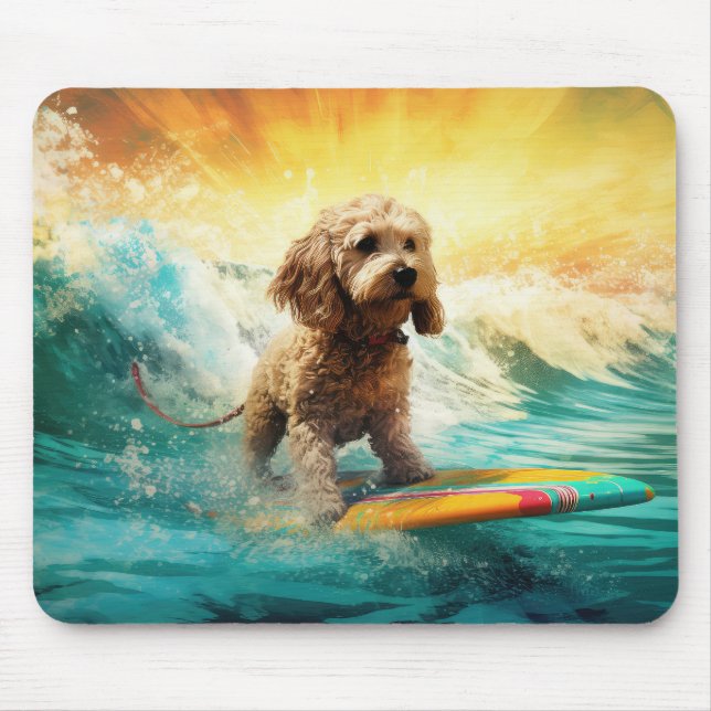 Mousepad Pintura de Cockapoo Surfando na Praia (Frente)