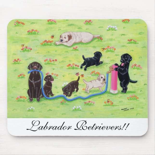 Mousepad Pintura de Labradors do divertimento do primavera (Frente)