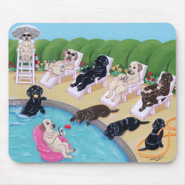 Mousepad Pintura de Labradors do partido da piscina (Frente)